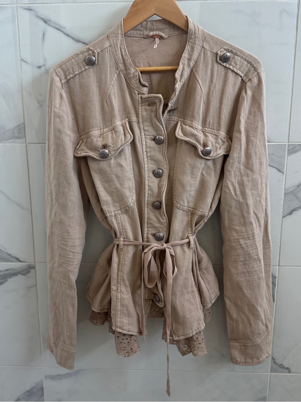 Free People Emilia Utility Jacket with lace trim & tie waist details - size L - Picture 1 of 9